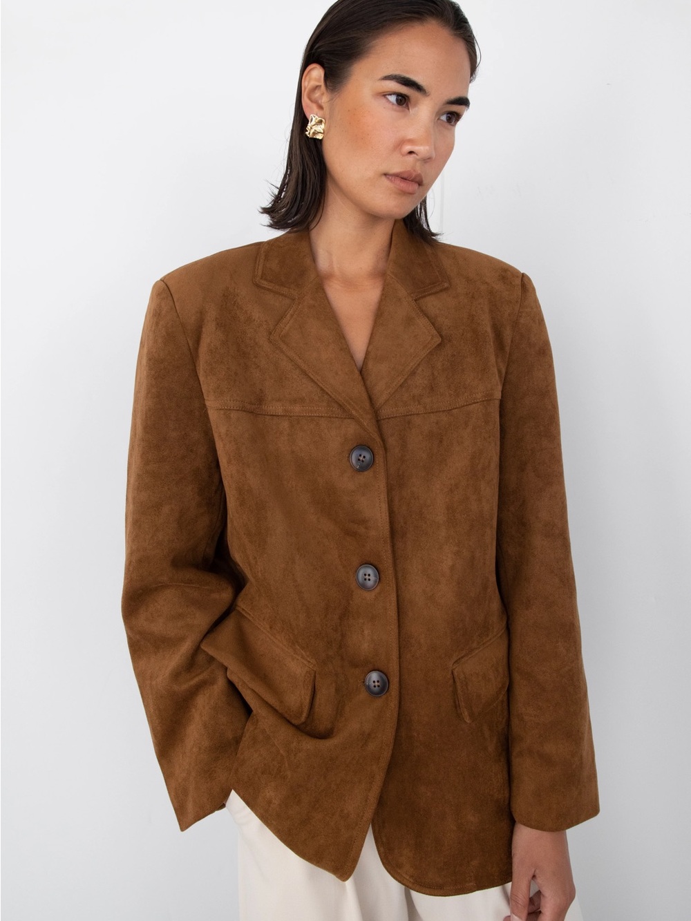 OAK + FORT Chestnut Brown Faux Suede Single-Breasted Blazer
